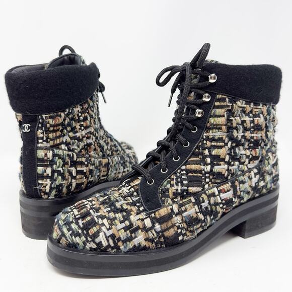 Chanel Tweed Lace Up Combat Ankle Boots 40 - Picture 3 of 13